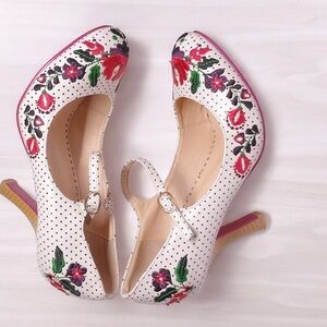 Vintage Pin-Up Retro Mary Jane Heels D&G Inspired Tan Floral Dancing Days(38)7.5